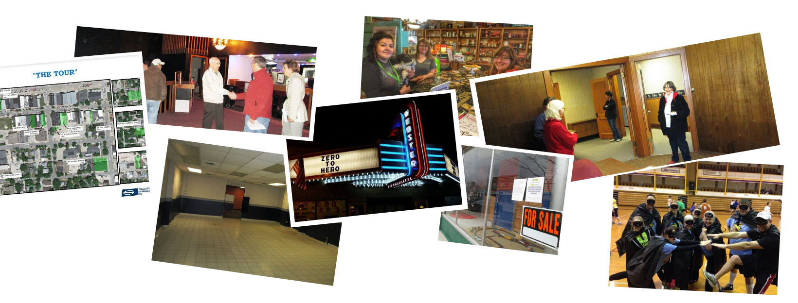 A map of the tour, people walking through empty buildings, "for sale" sign, the hero volunteers and the restored movie theater marquee sign says "Zero to Hero"
