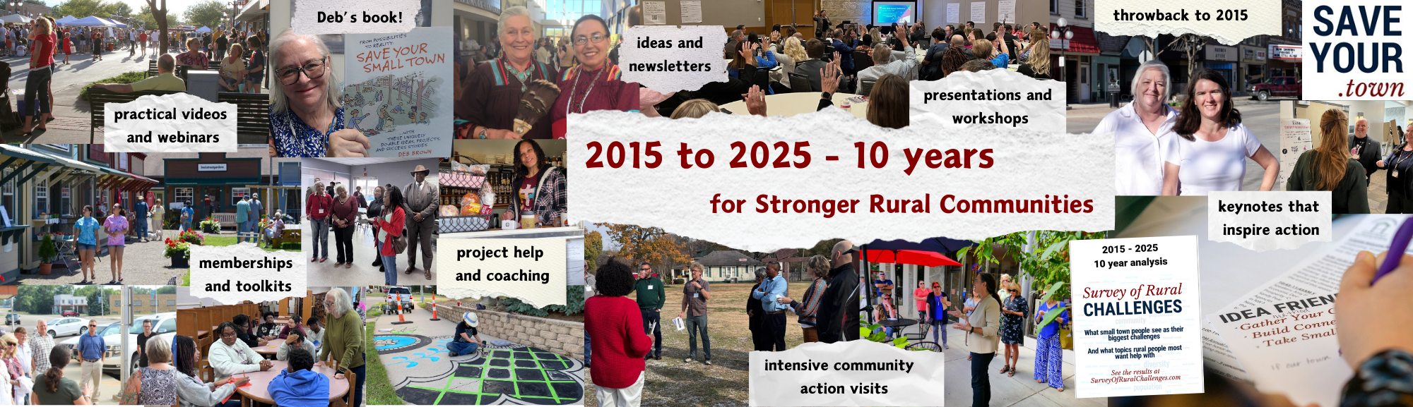 Text reads 2015 to 2025, 10 years for Stronger Rural Communities, Save Your dot Town, with presentations, ideas and newsletters, videos and webinars, toolkits, membership, project help and community visits. Becky McCray and Deb Brown. Photos show the pair in action in small towns.