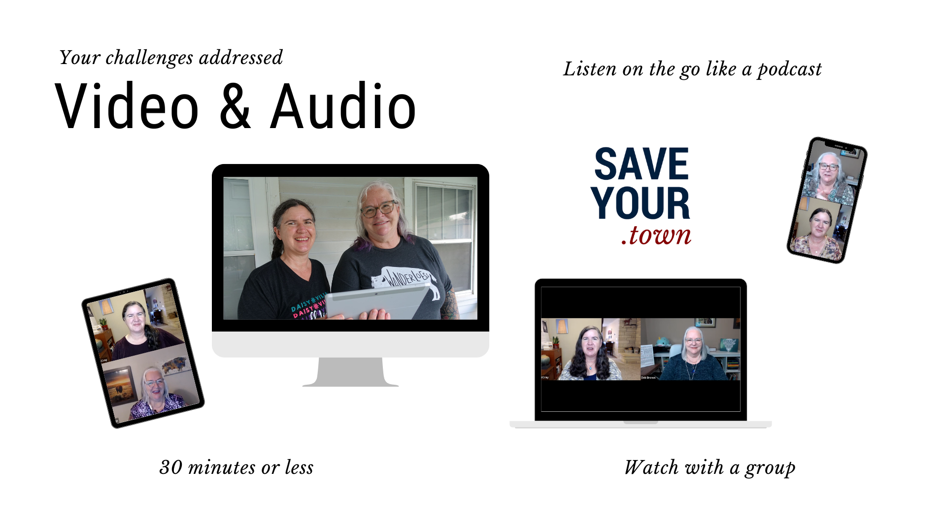Videos from SaveYour.Town are shown on a PC monitor, tablet, laptop and phone